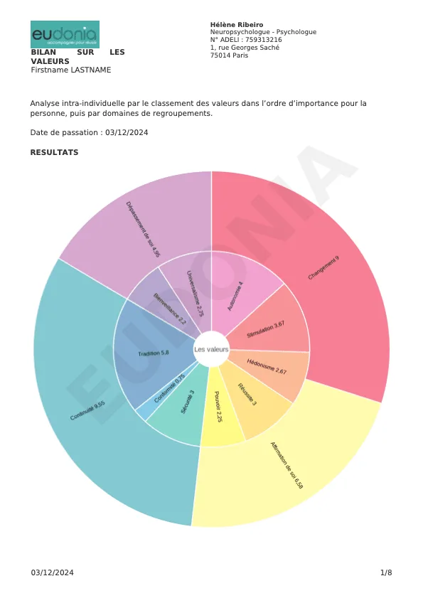 Aperçu du rapport détaillé du test des valeurs de Schwartz avec classement des valeurs et scores en graphiques