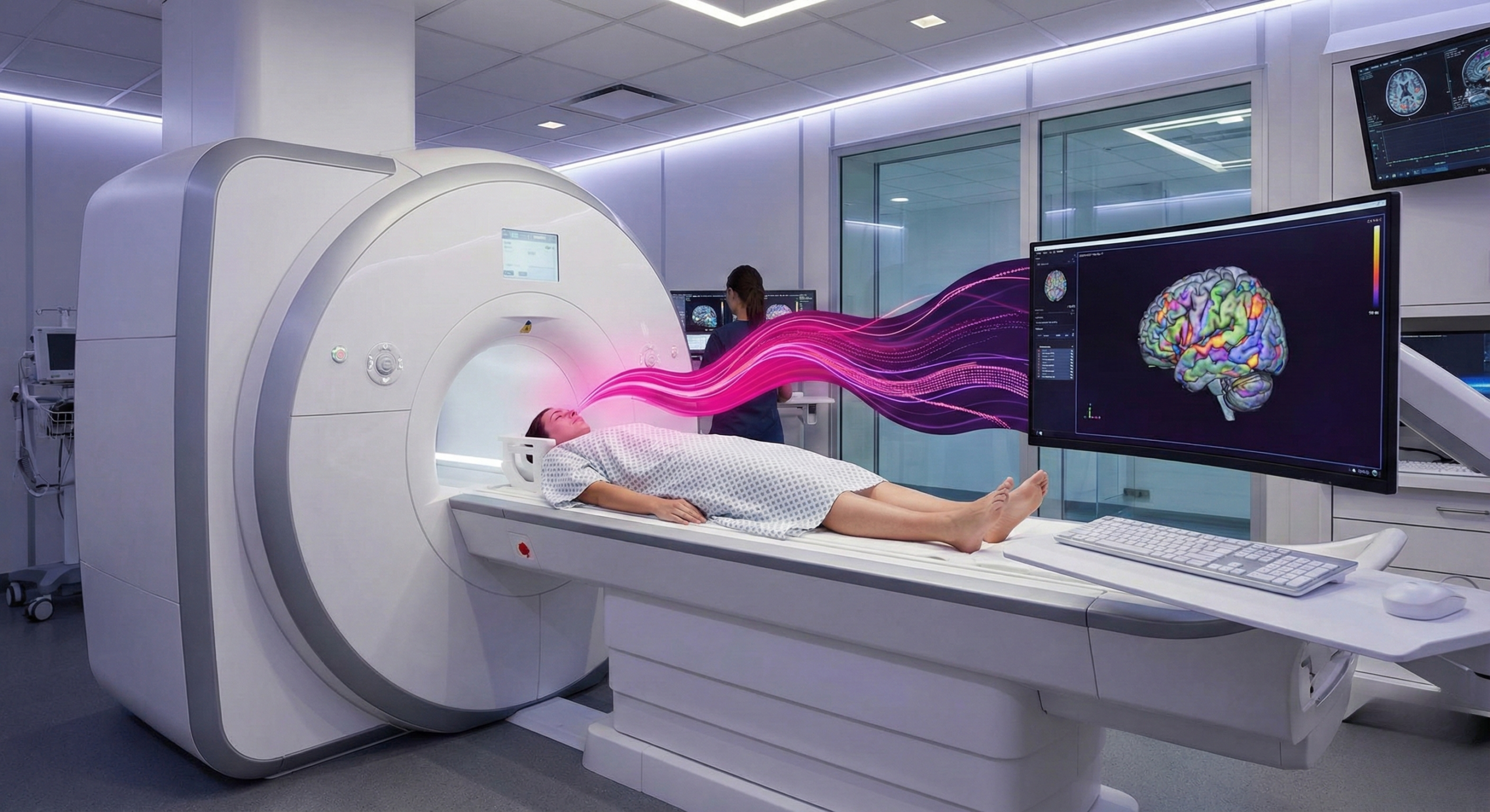 Scanner IRMf moderne avec patient et écran affichant une image reconstruite par IA