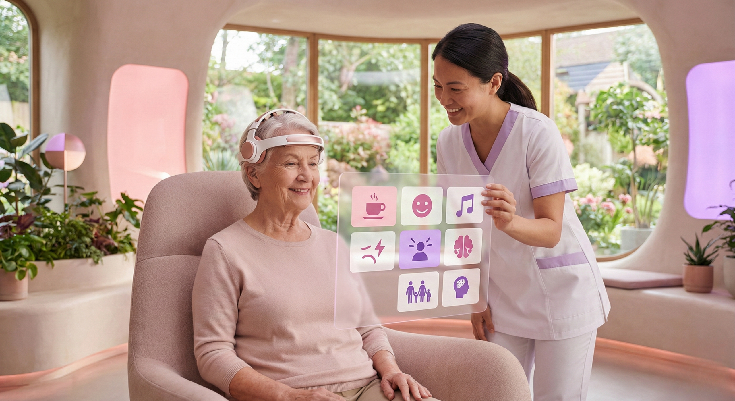 Scène médicale futuriste montrant un patient utilisant une interface cerveau-machine pour communiquer