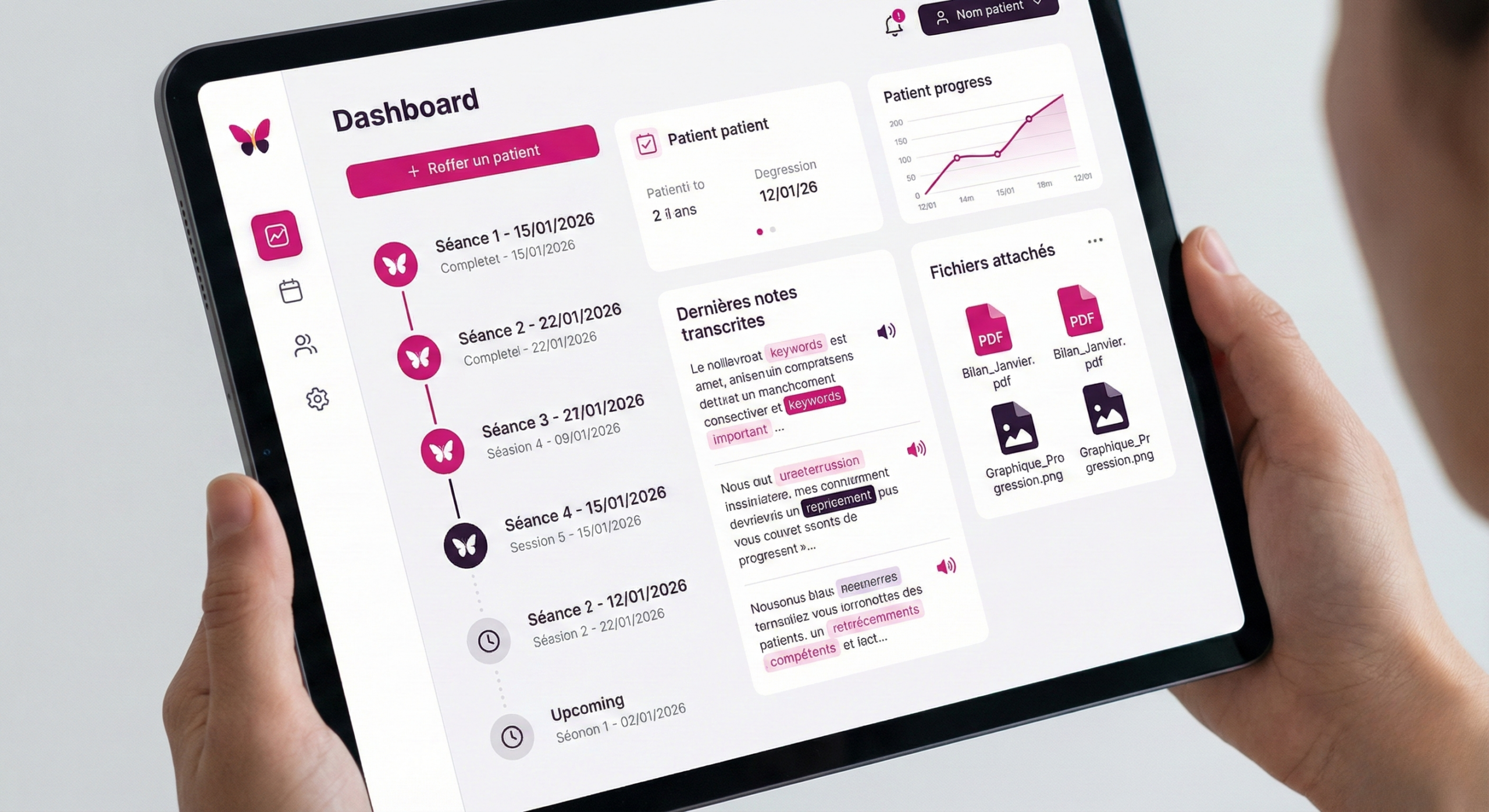 Interface SUIVI PSY COACH avec tableau de bord de suivi patient