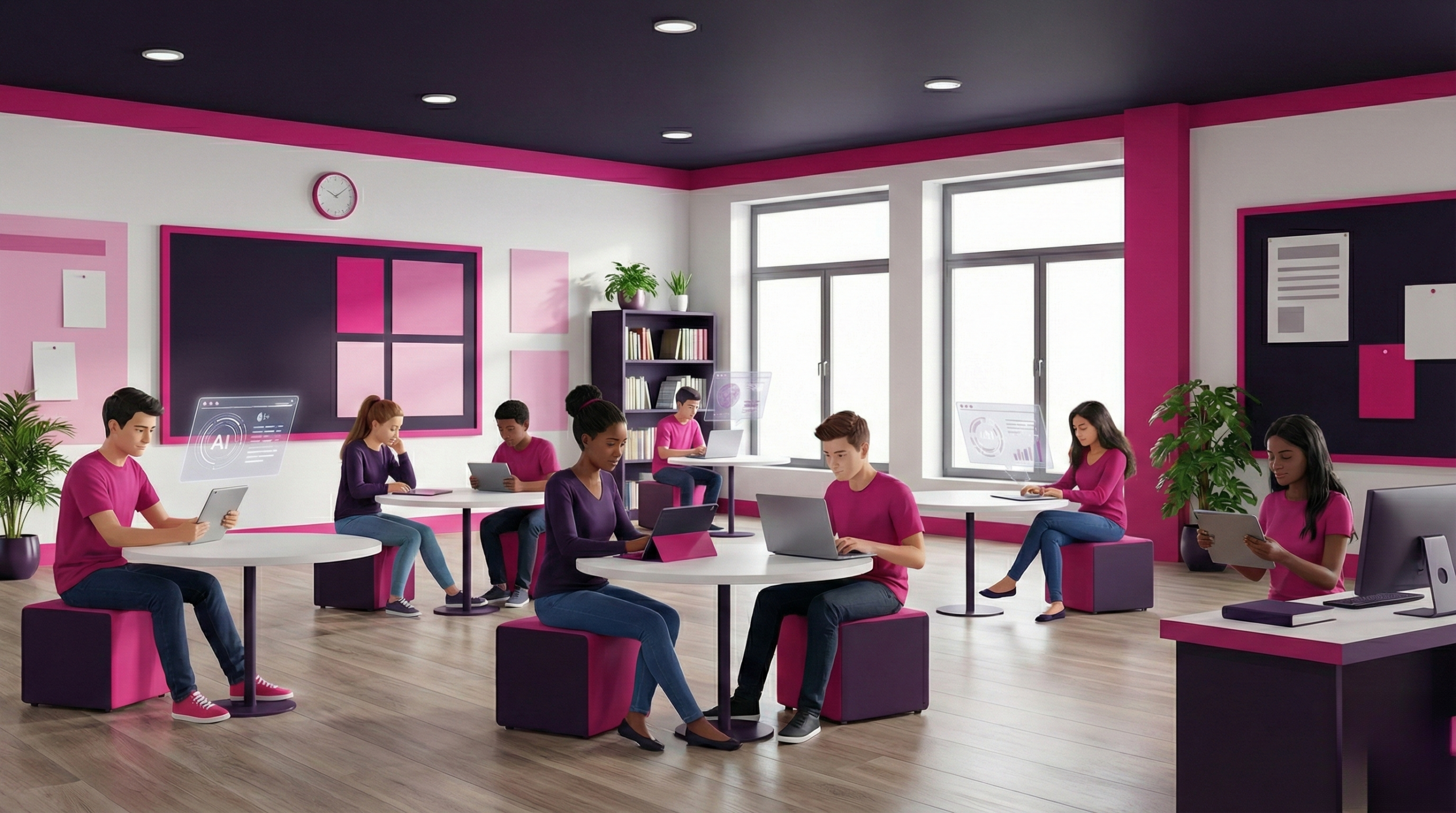 Salle de classe moderne avec des élèves utilisant des tablettes et ordinateurs face à l'IA