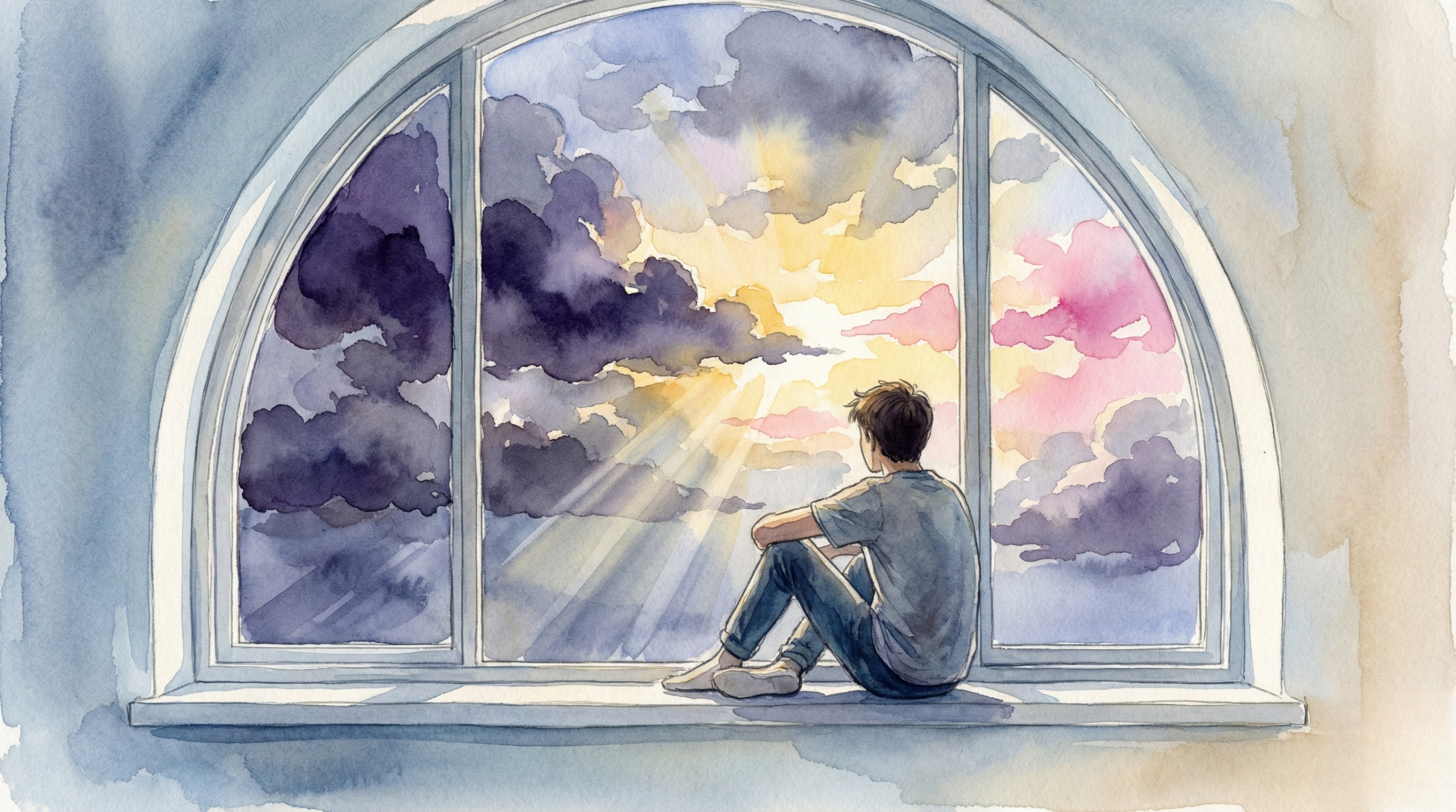 Adolescent regardant par la fenêtre, symbolisant l'attente et l'espoir dans le parcours du refus scolaire anxieux