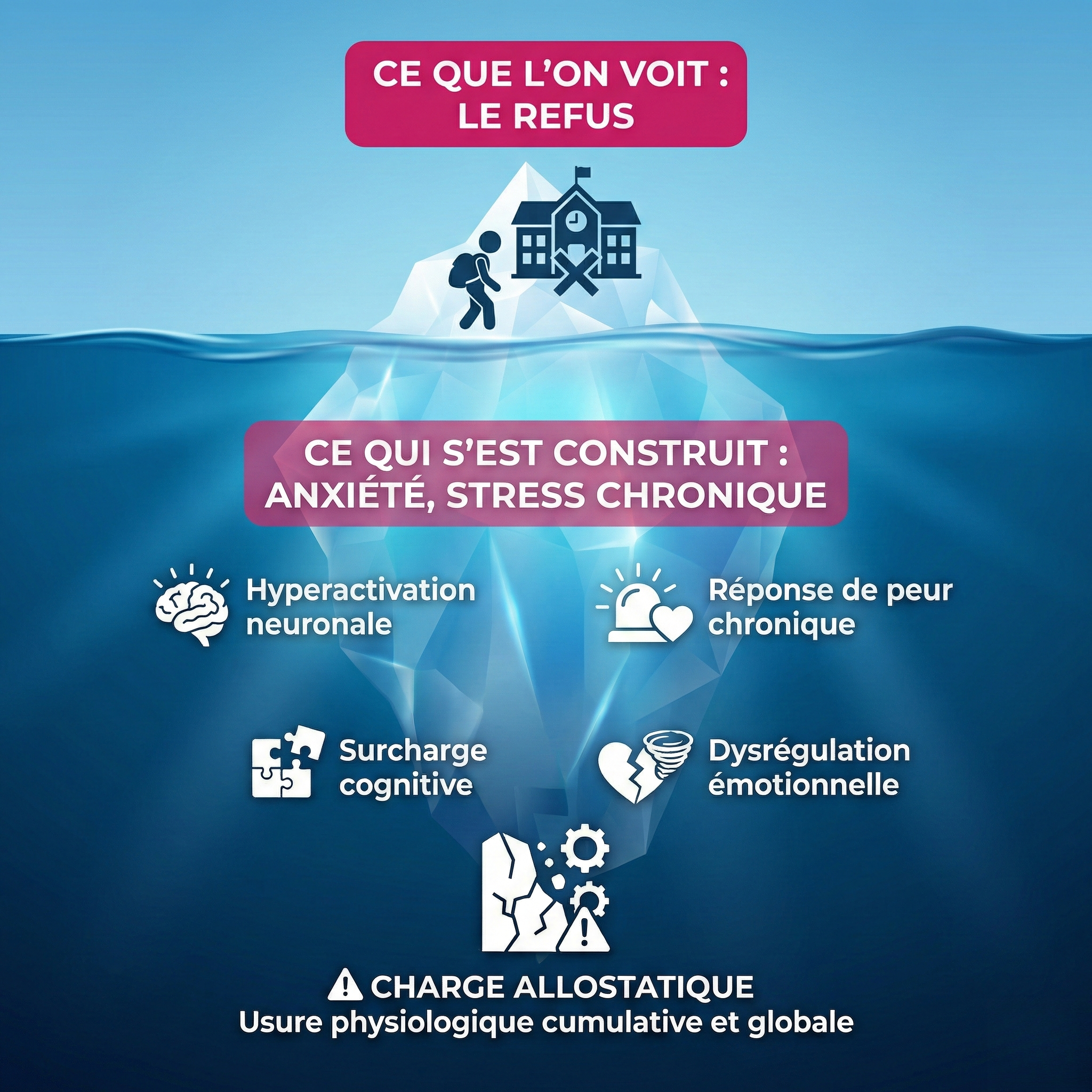 Illustration de l'iceberg du RSA - partie visible et partie immergée du trouble