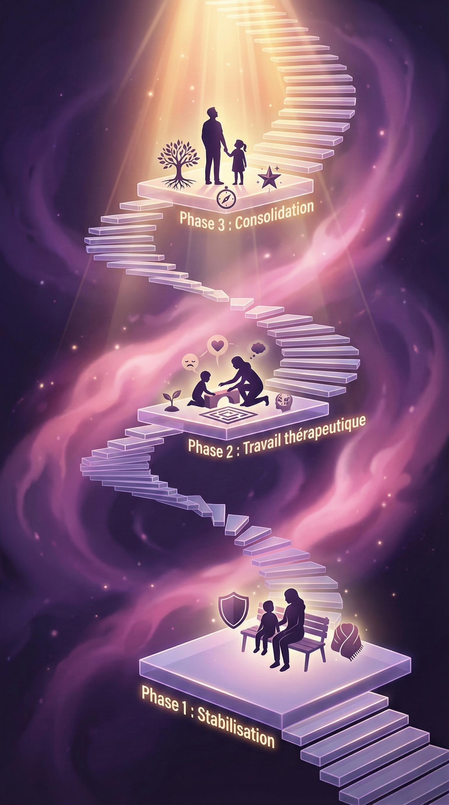 Escalier en spirale représentant les 3 phases de la récupération du RSA