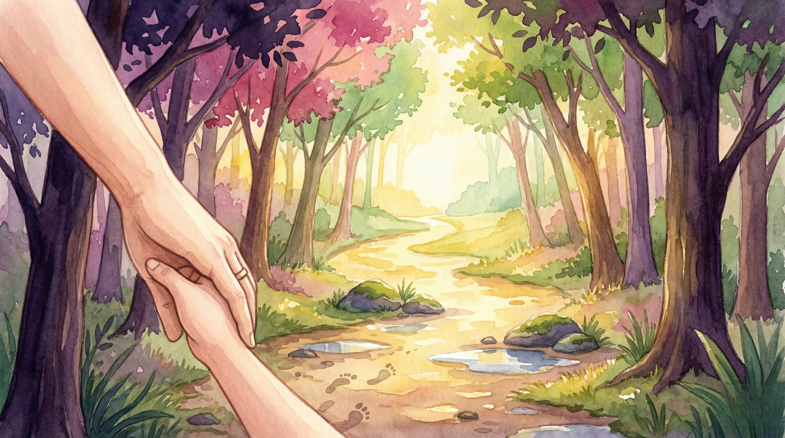 Chemin sinueux vers la lumière représentant le parcours non-linéaire de la guérison