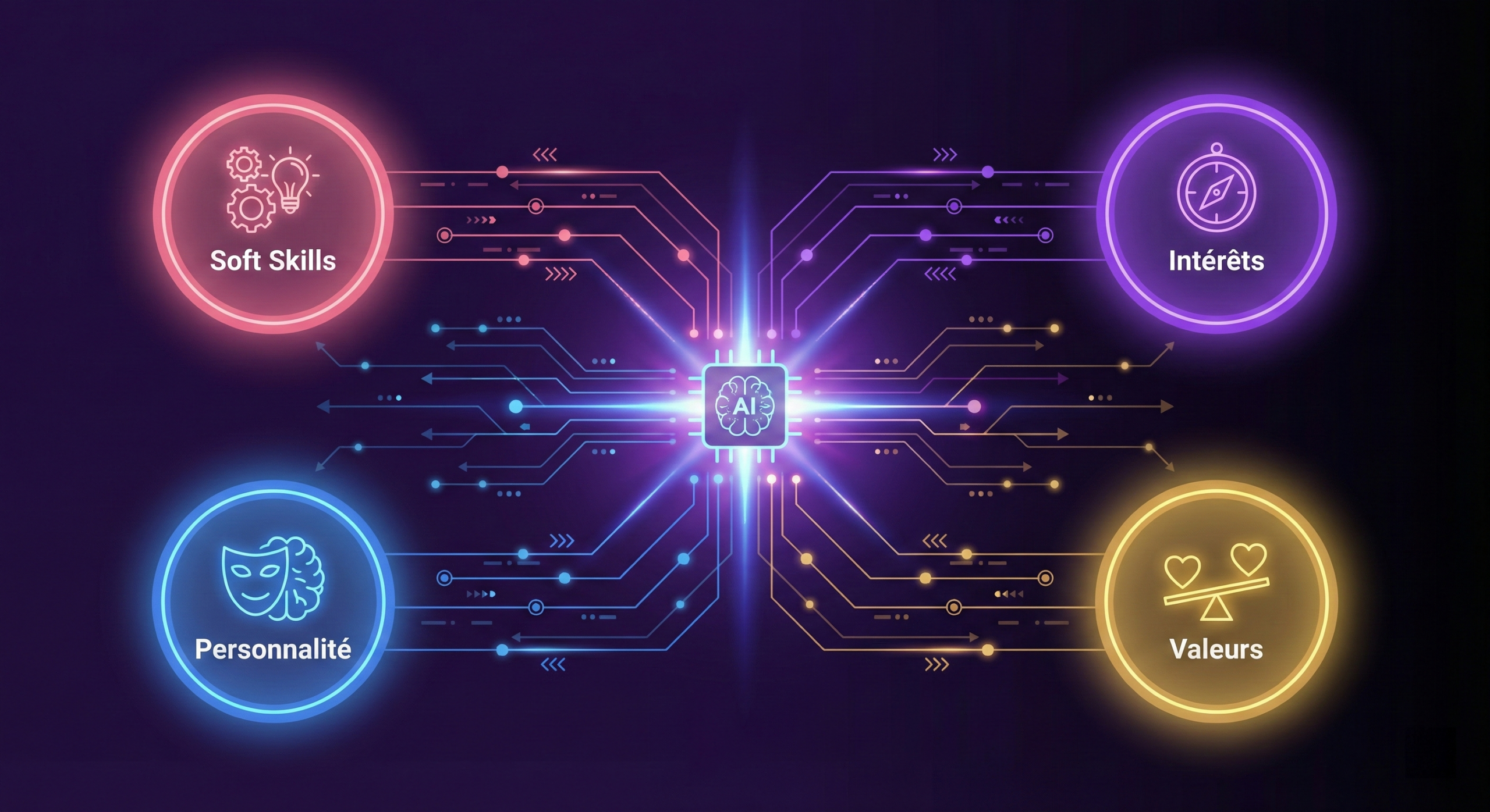 Illustration conceptuelle d'une analyse croisée multi-outils avec 4 cercles convergents et synthèse IA centrale