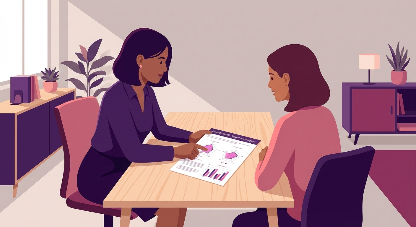 Scène de coaching avec rapport d'analyse croisée imprimé sur table et discussion entre professionnel et bénéficiaire