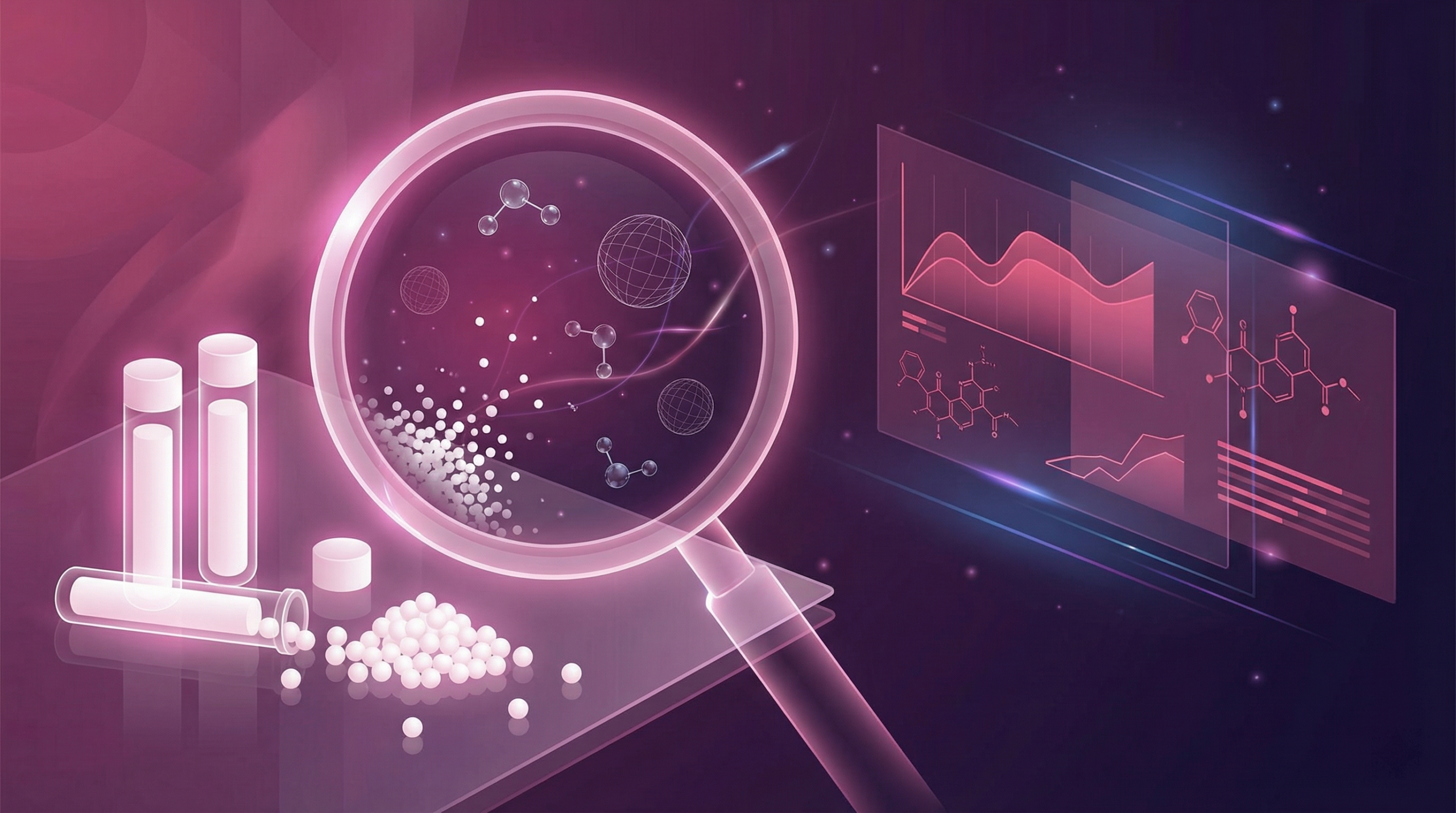 Illustration homéopathie science - granules et molécules sous microscope