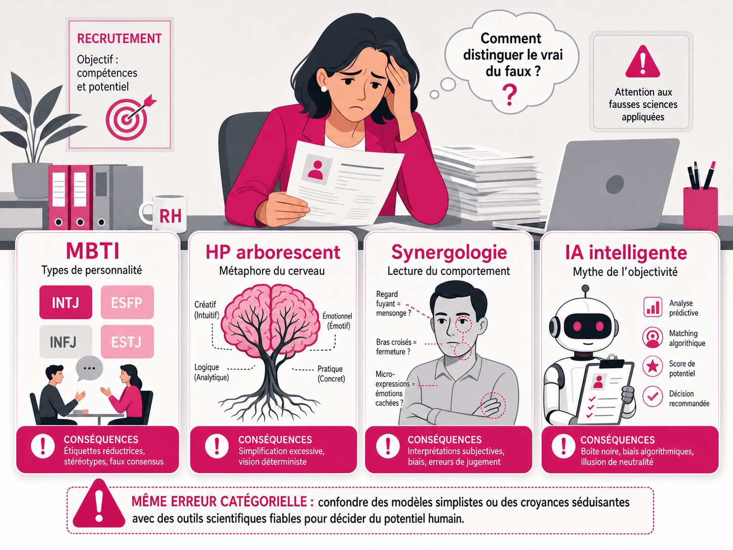 Cartes comparant MBTI, HP arborescent, synergologie et IA intelligente comme exemples du même glissement lexical