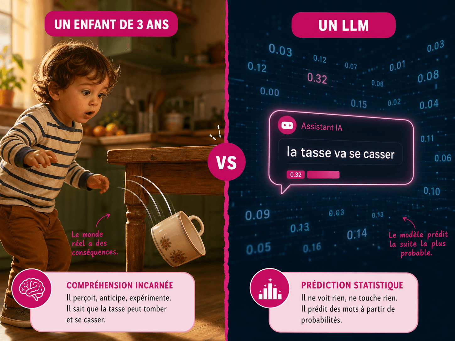 Comparaison entre un enfant de 3 ans anticipant la chute d'une tasse et un LLM qui produit la même phrase par calcul statistique