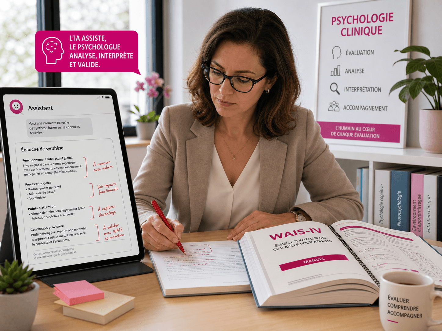 Psychologue utilisant un outil IA comme assistant à la rédaction tout en gardant le contrôle de l'analyse clinique