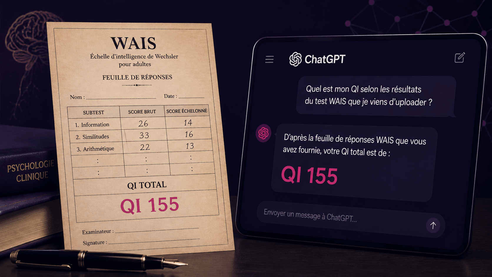 Test de QI WAIS face à un chatbot ChatGPT affichant un score de 155