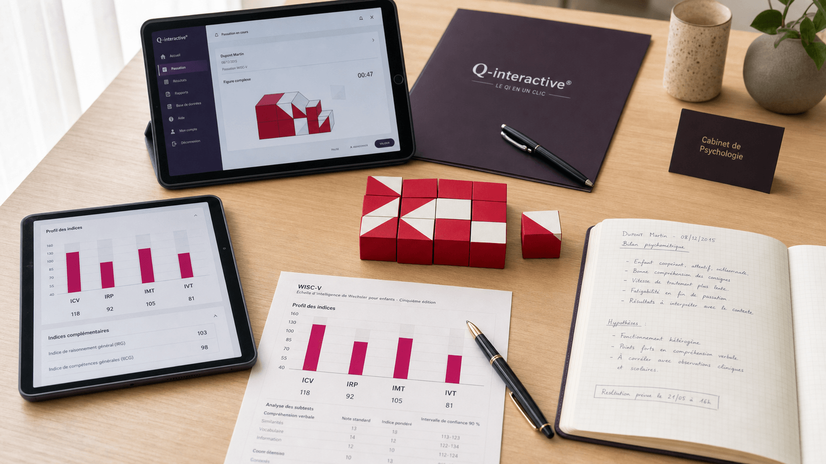Cabinet de psychologue avec passation WAIS-IV : tablette Q-interactive, blocs cubes, cahier de cotation et compte-rendu