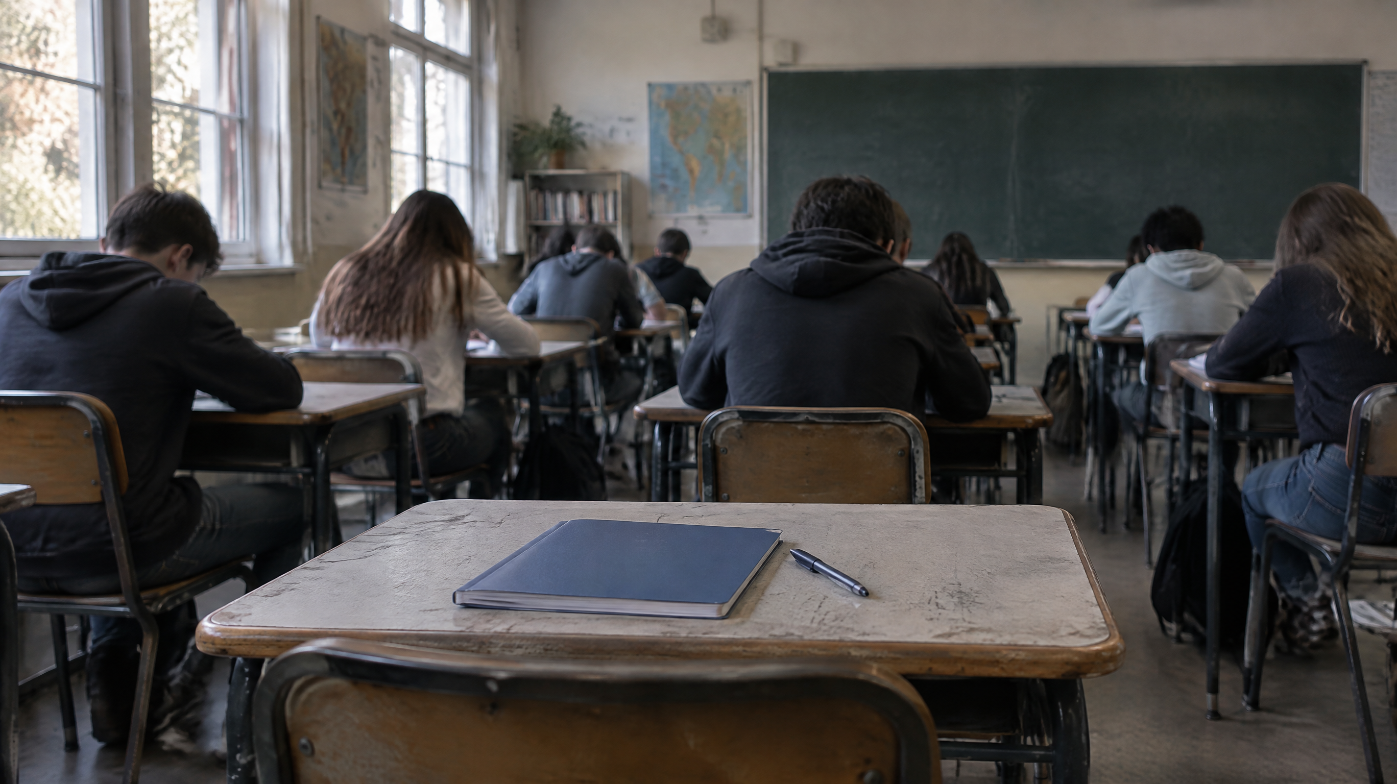 Salle de classe de collège avec des élèves au travail, illustration de la baisse du niveau scolaire mesurée par PISA 2025